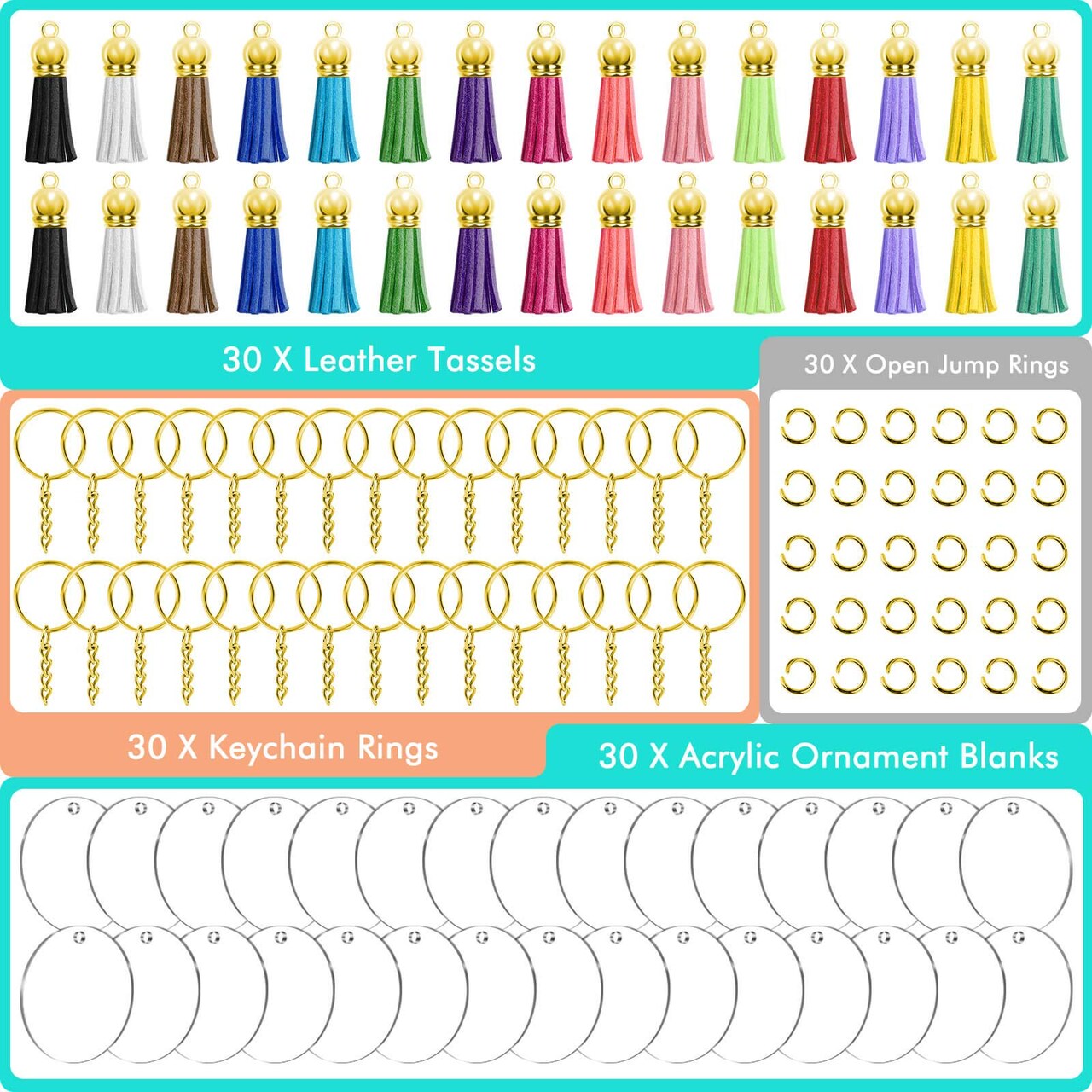 120 Pieces Blank Keychains for Vinyl Kit Including 30pcs Acrylic Discs, 30pcs keychain Tassels, 30pcs Gold Key chain Rings and 30pcs Jump Rings for DIY Keychain, Vinyl Craft